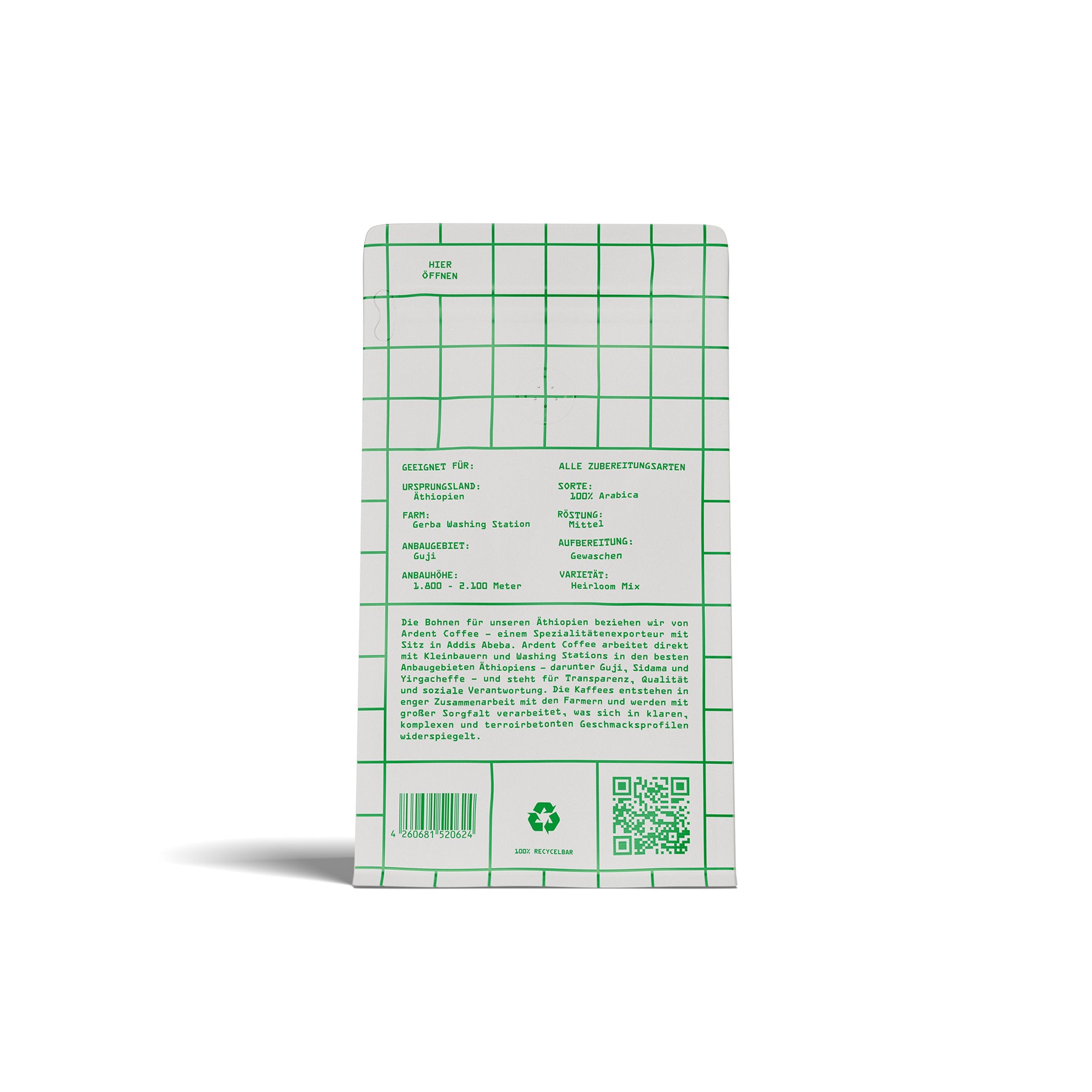 weiße Kaffeepackung mit grünem Raster und Text