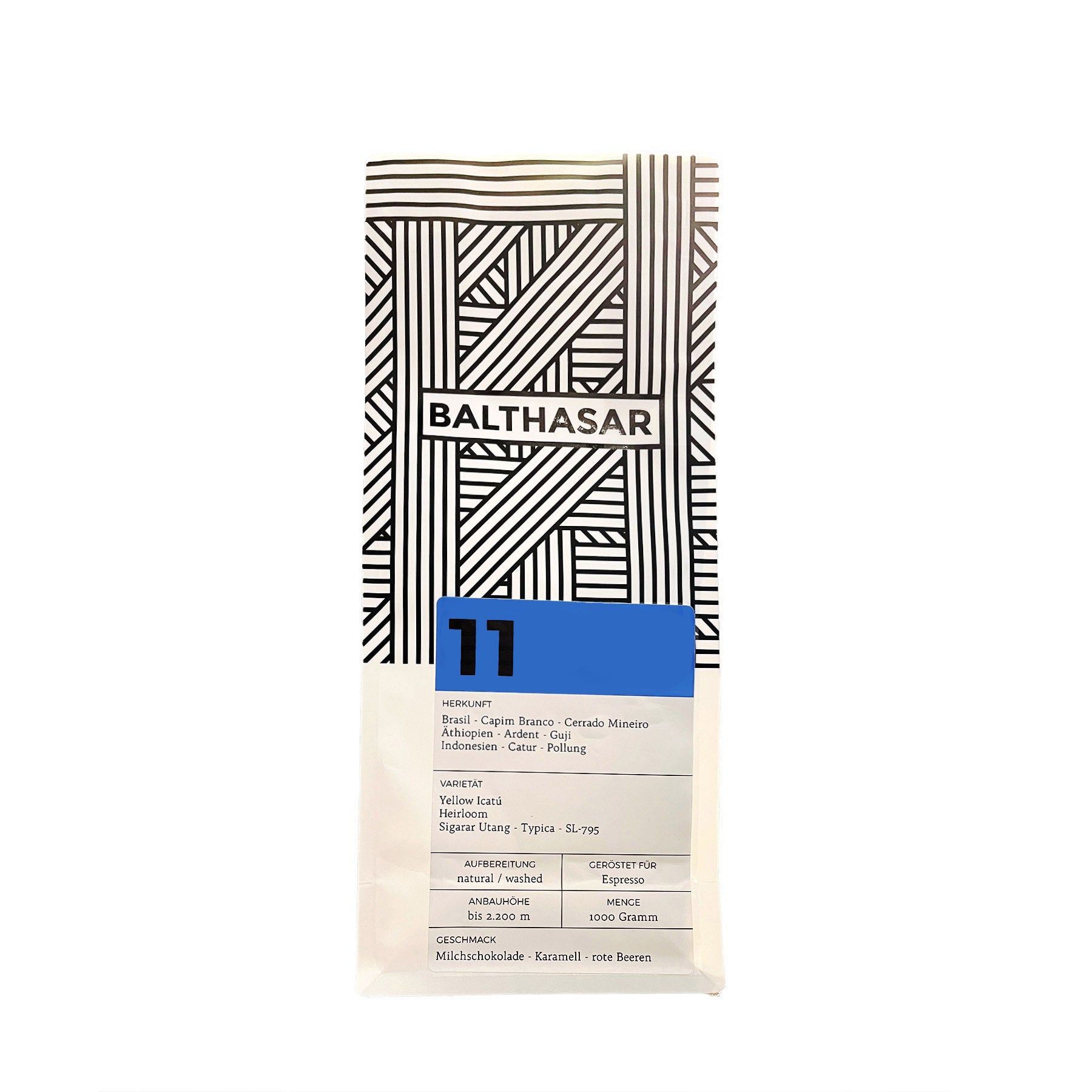 Kaffeepackung weiß mit schwarzen Streifen und Etikett