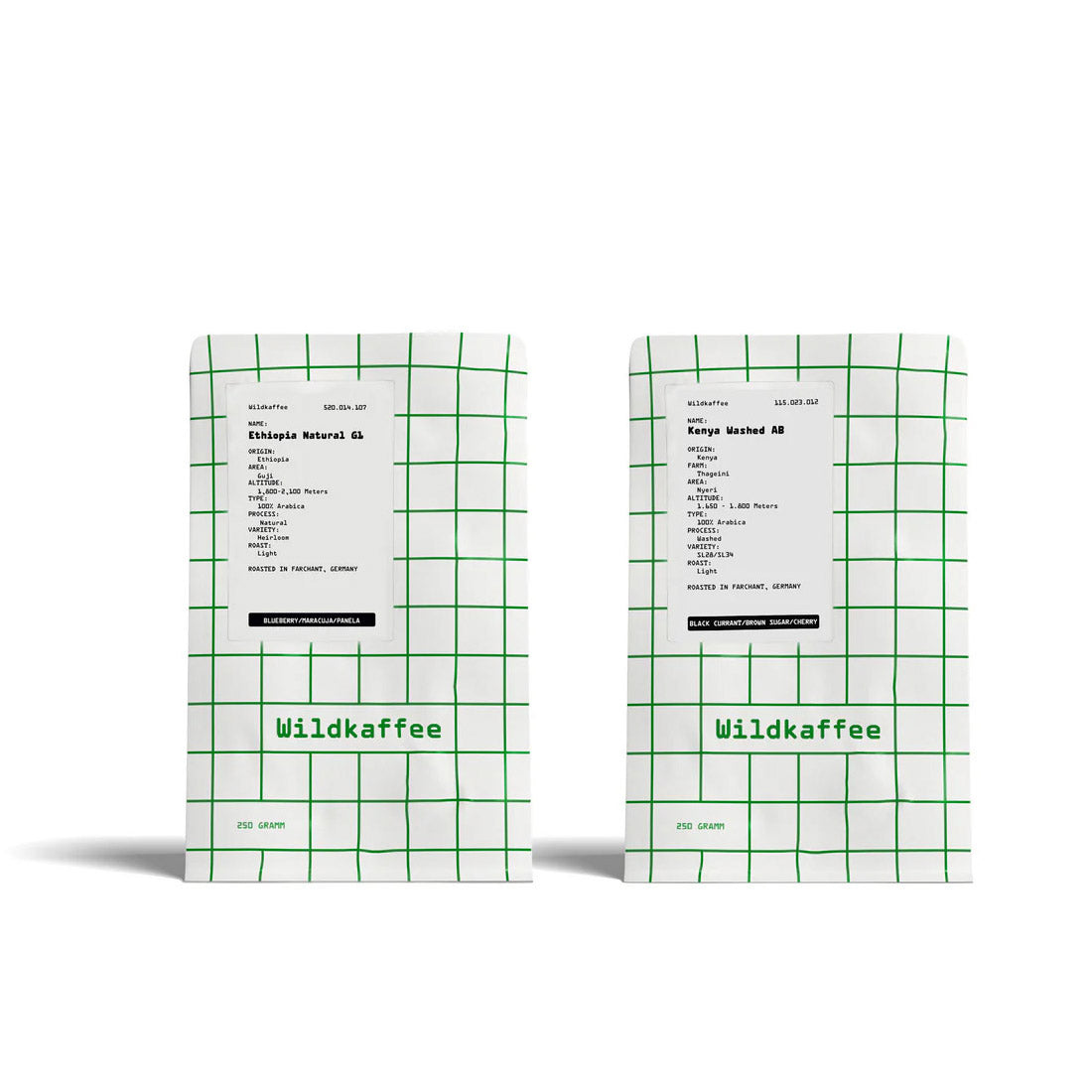 zwei Packungen nebeneinander, weiße Packung mit grünem Raster