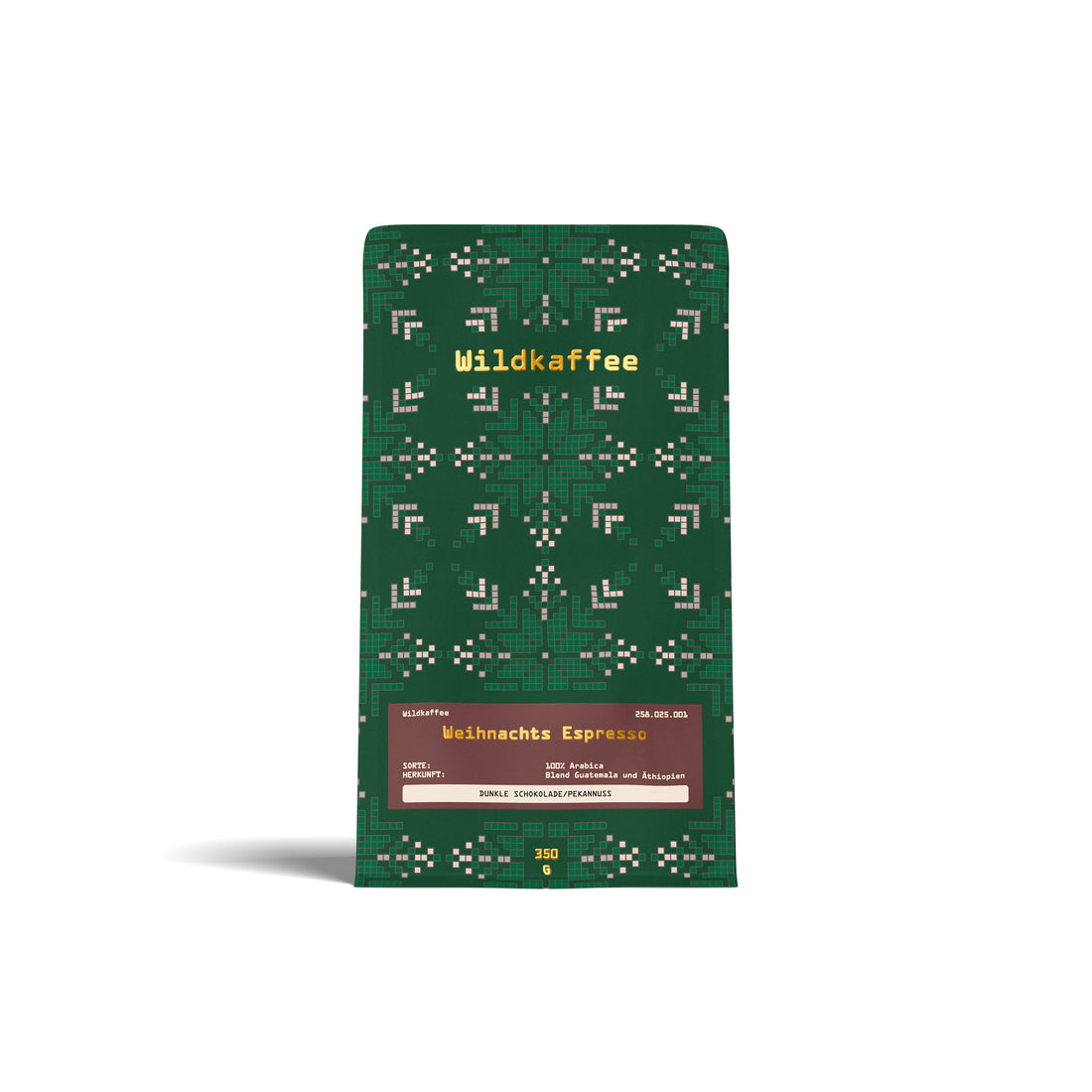 grüne Packung Weihnachtskaffee, braunes Etikett