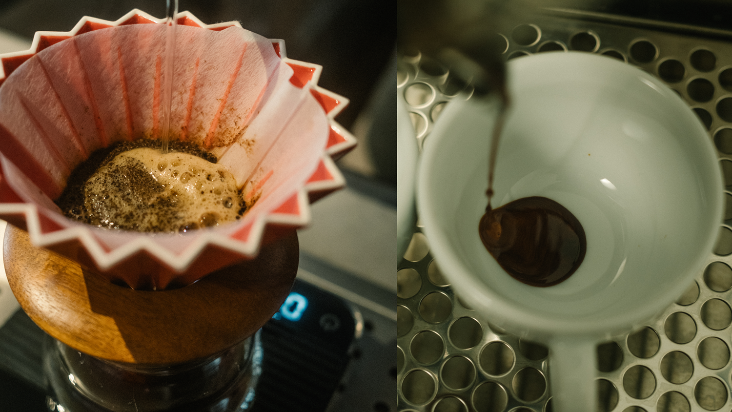 Links Handfilter und rechts Espressotasse in die Espresso läuft