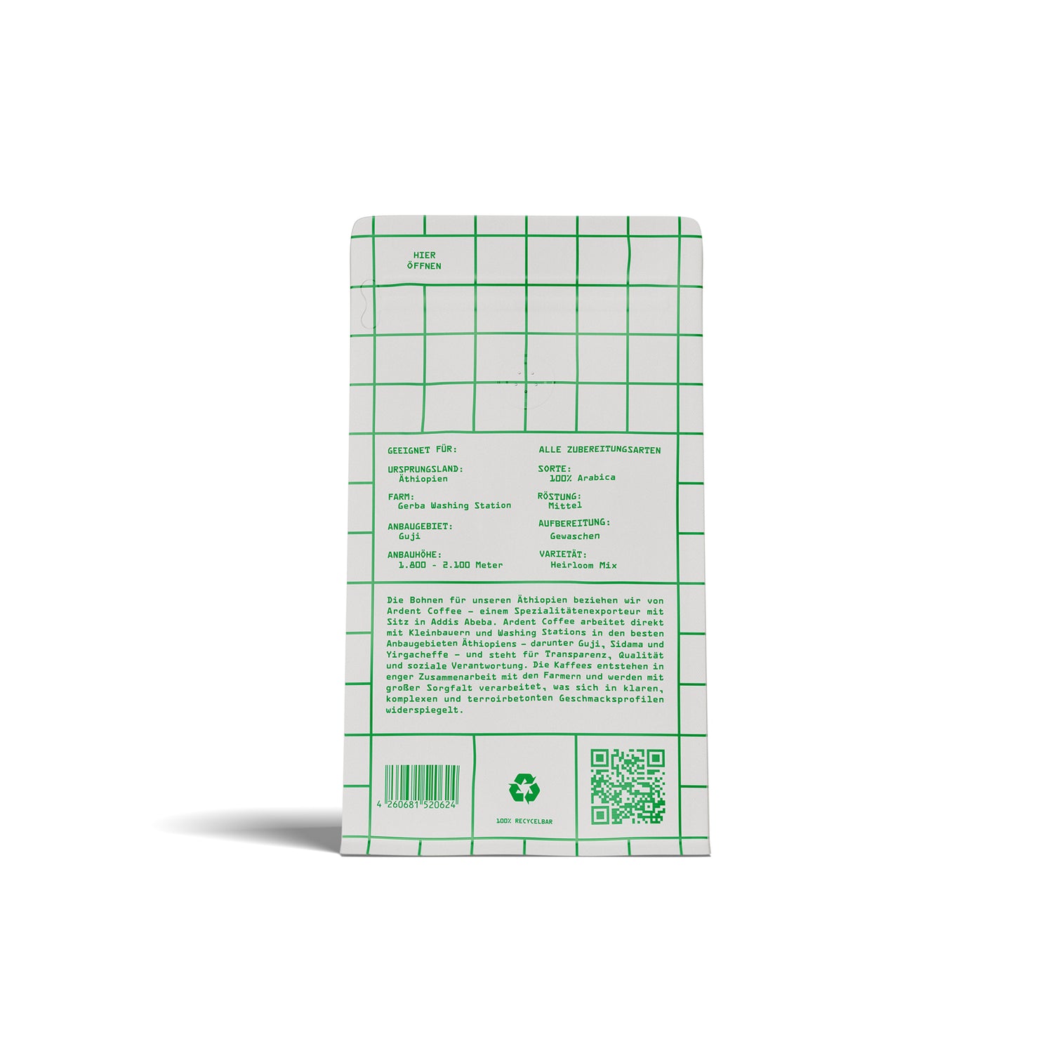 weiße Kaffeepackung mit grünem Raster und Text