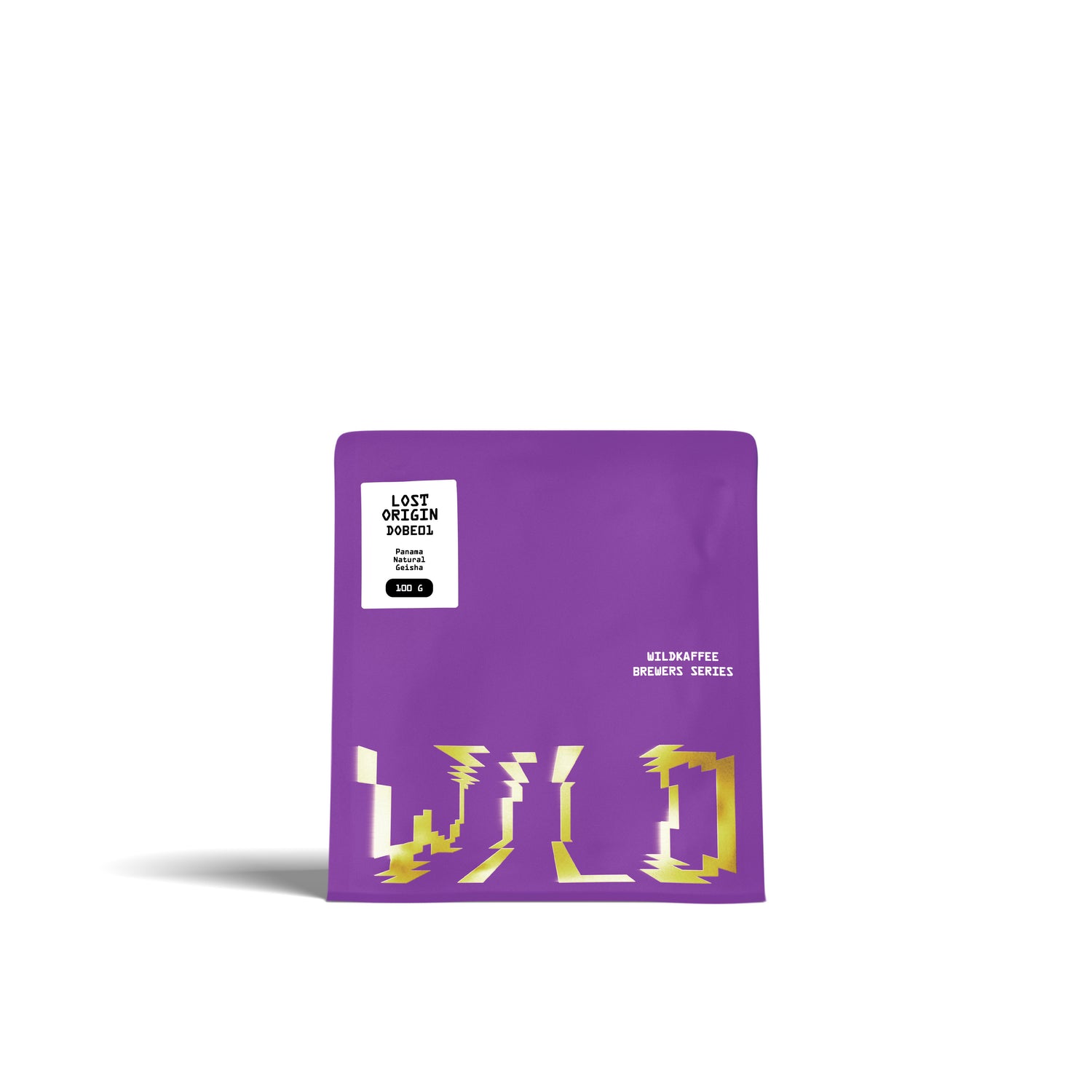 Lila Kaffeetüte mit weißem Etikett mit Text