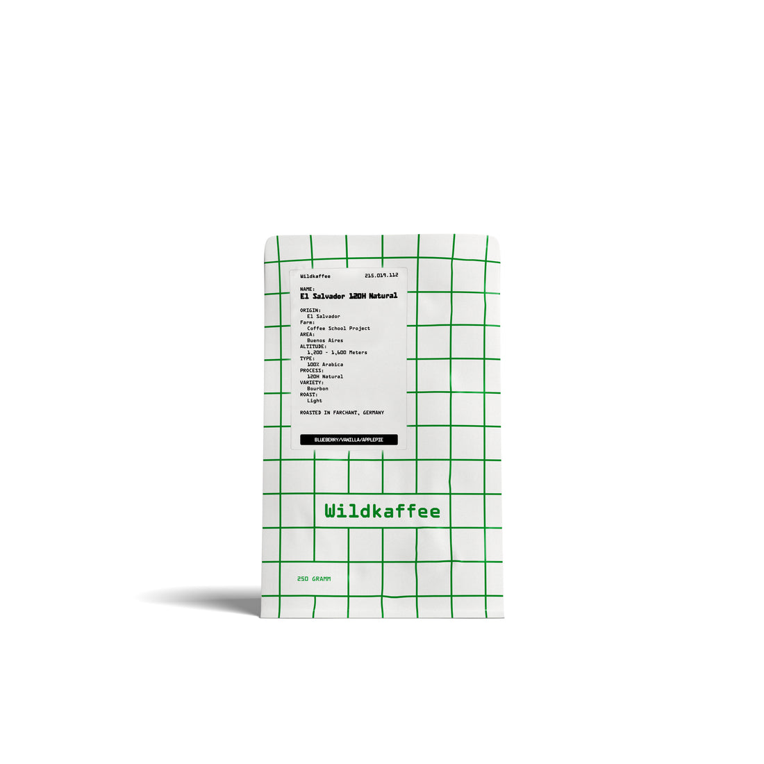 weiße Kaffeepackung mit grünem Gitter