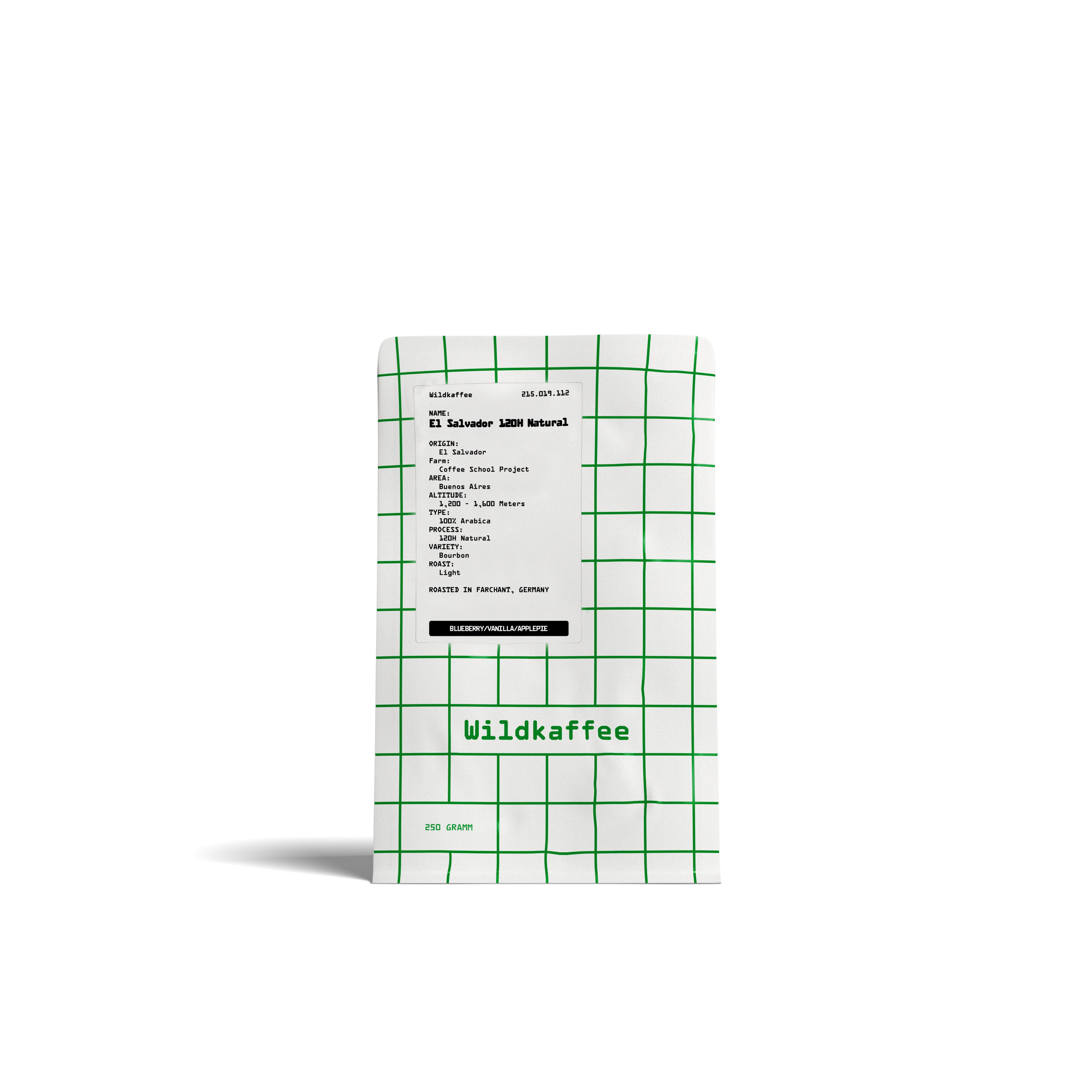 weiße Kaffeepackung mit grünem Gitter