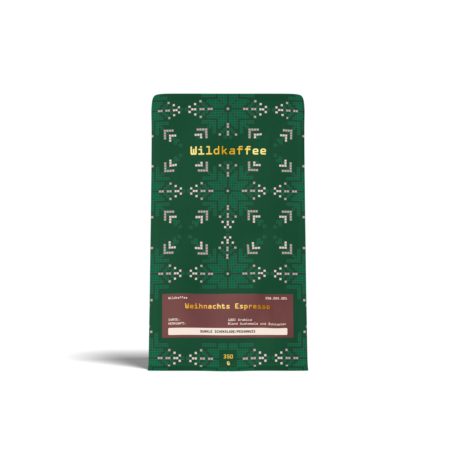 grüne Packung Weihnachtskaffee, braunes Etikett