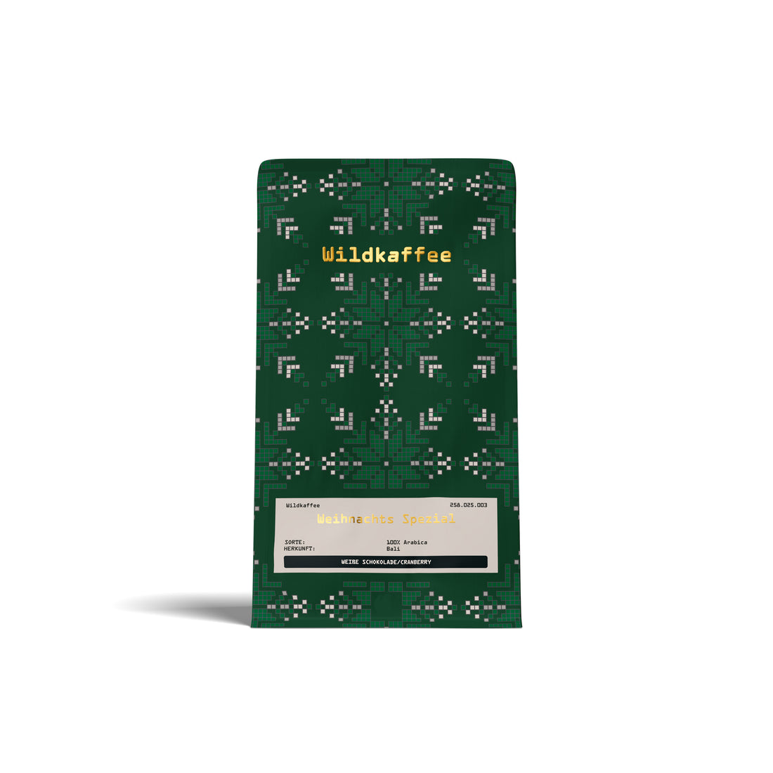 grüne Packung Weihnachtskaffee, weißes Etikett