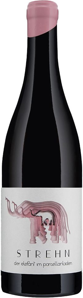 Flasche Wein von Strehn mit mehreren rosa Elefanten auf dem Etikett