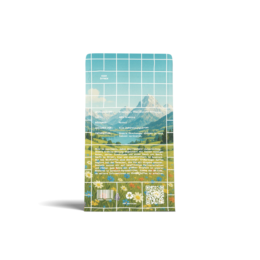 Kaffeepackung Bergpanorama mit Blumen und See